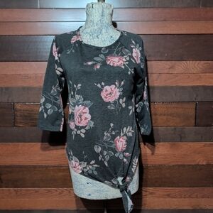 No Brand Tag Dark Grey Floral Tie-Front Top